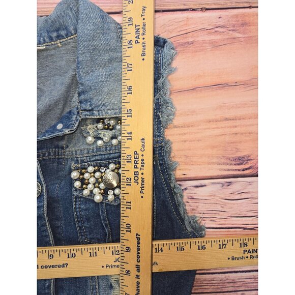 L Love Beaded-Distressed Blue Denim Vest Jacket Small - Pearl Embellished - Picture 7 of 7